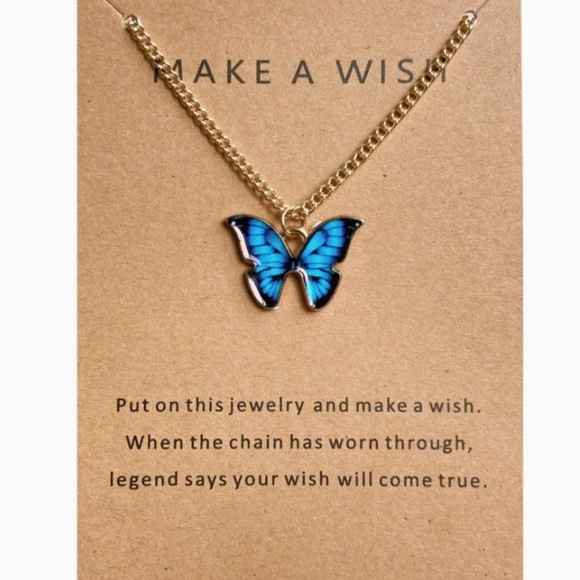 Blue & Black Butterfly Pendant Make A Wish Gold Alloy Fashion Necklace Chain - Picture 1 of 1